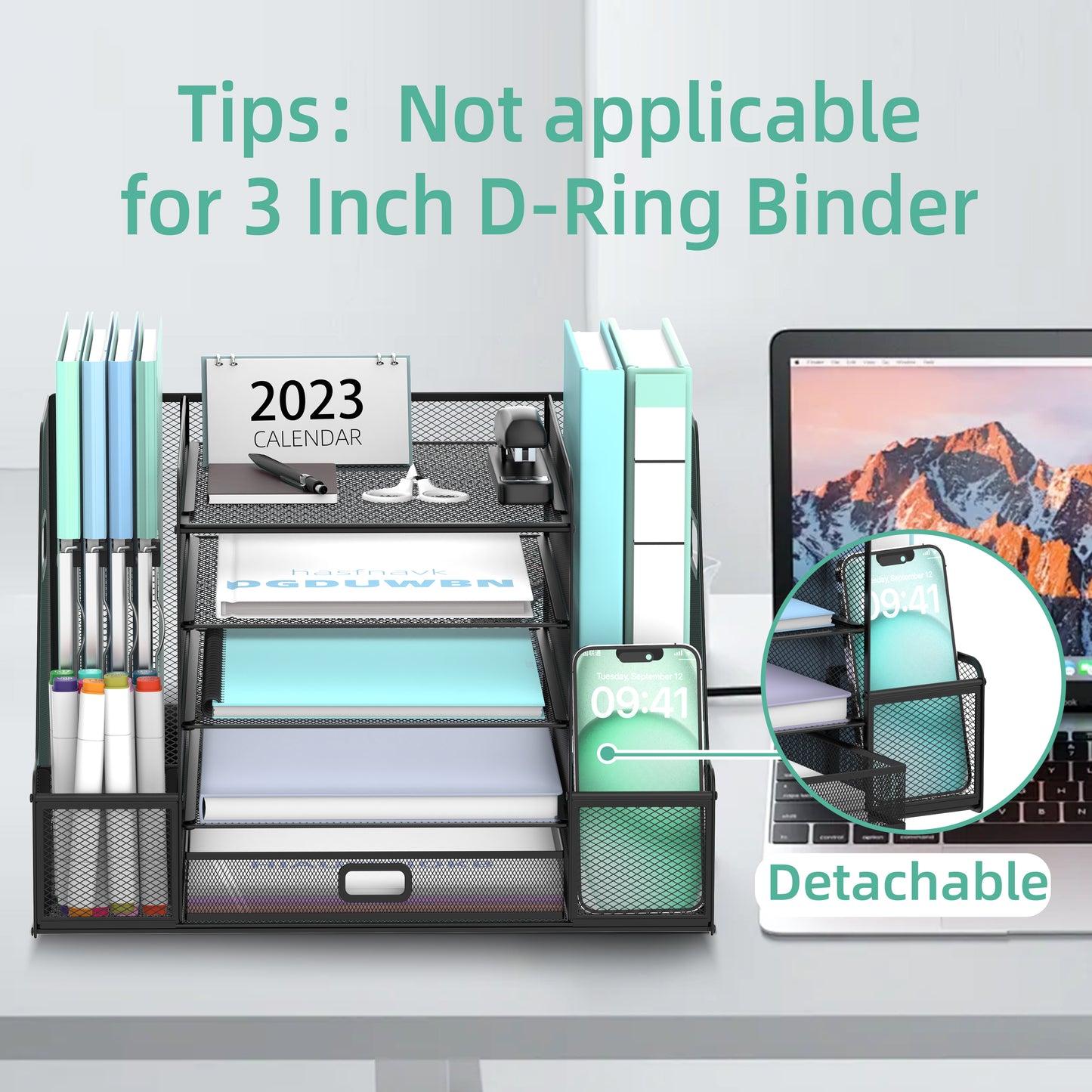 5-Tier Desk Organiser with File Holder, Mesh Paper Letter Tray Organiser with Magazine Holder, Desk Tidy Organiser and Storage with Drawer for Office Supplies Home or School