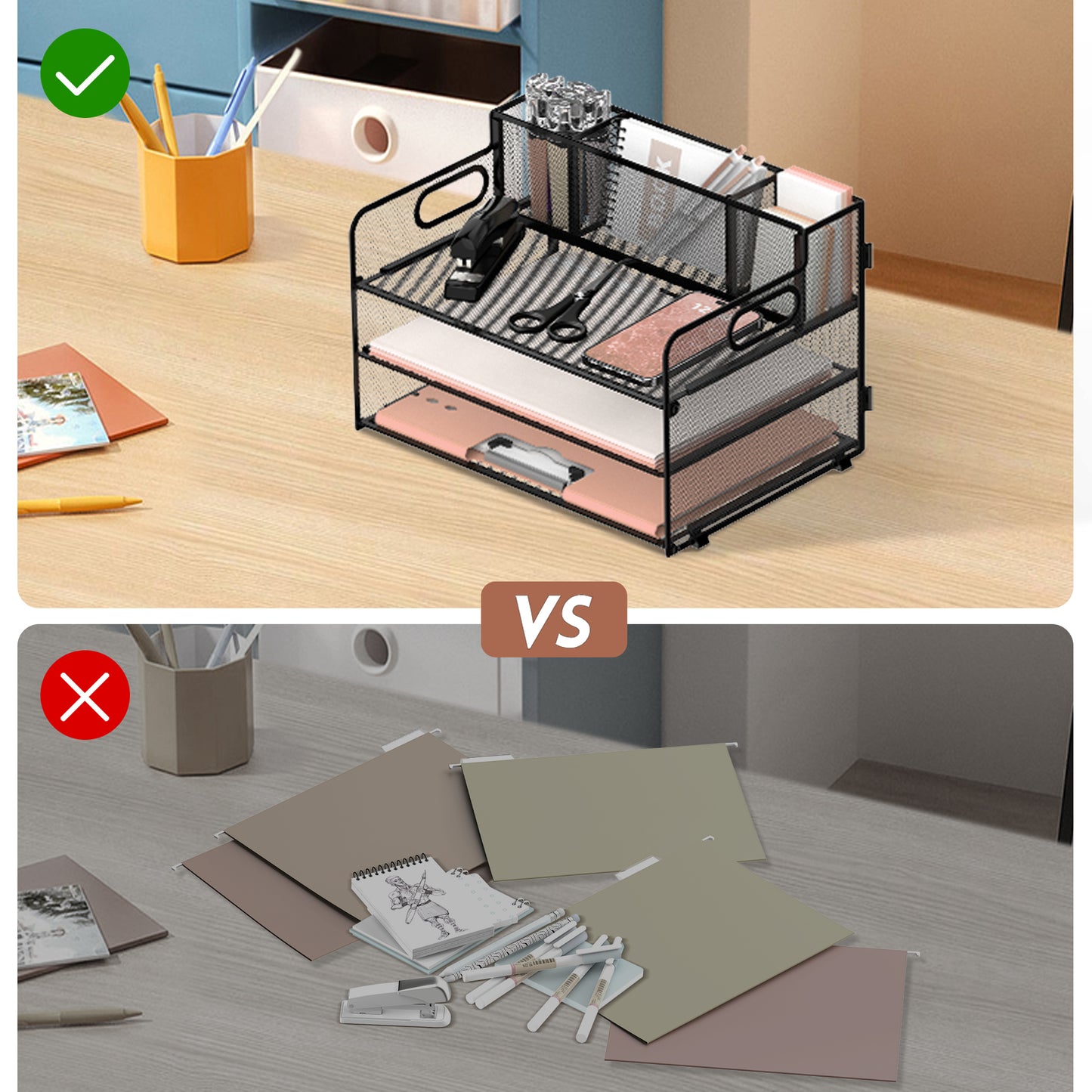 SUPEASY 3 Tier Desk Organizer with Handle & 3 Pen Holders, Mesh Paper/File Organizer for Desk, Paper Letter Tray Organizer for Office Supplies