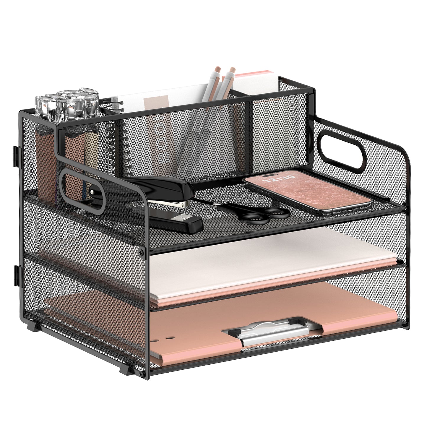 SUPEASY 3 Tier Desk Organizer with Handle & 3 Pen Holders, Mesh Paper/File Organizer for Desk, Paper Letter Tray Organizer for Office Supplies