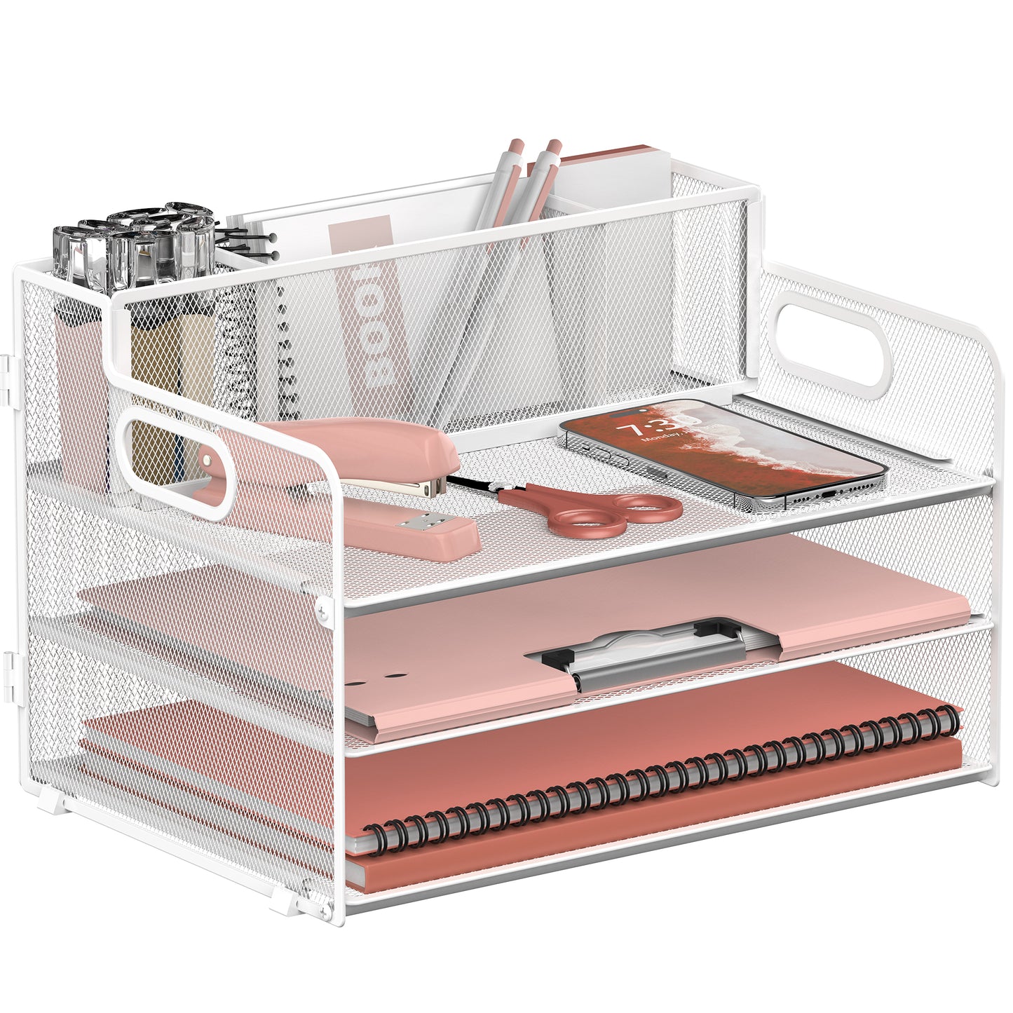 SUPEASY 3 Tier Desk Organizer with Handle & 3 Pen Holders, Mesh Paper/File Organizer for Desk, Paper Letter Tray Organizer for Office Supplies