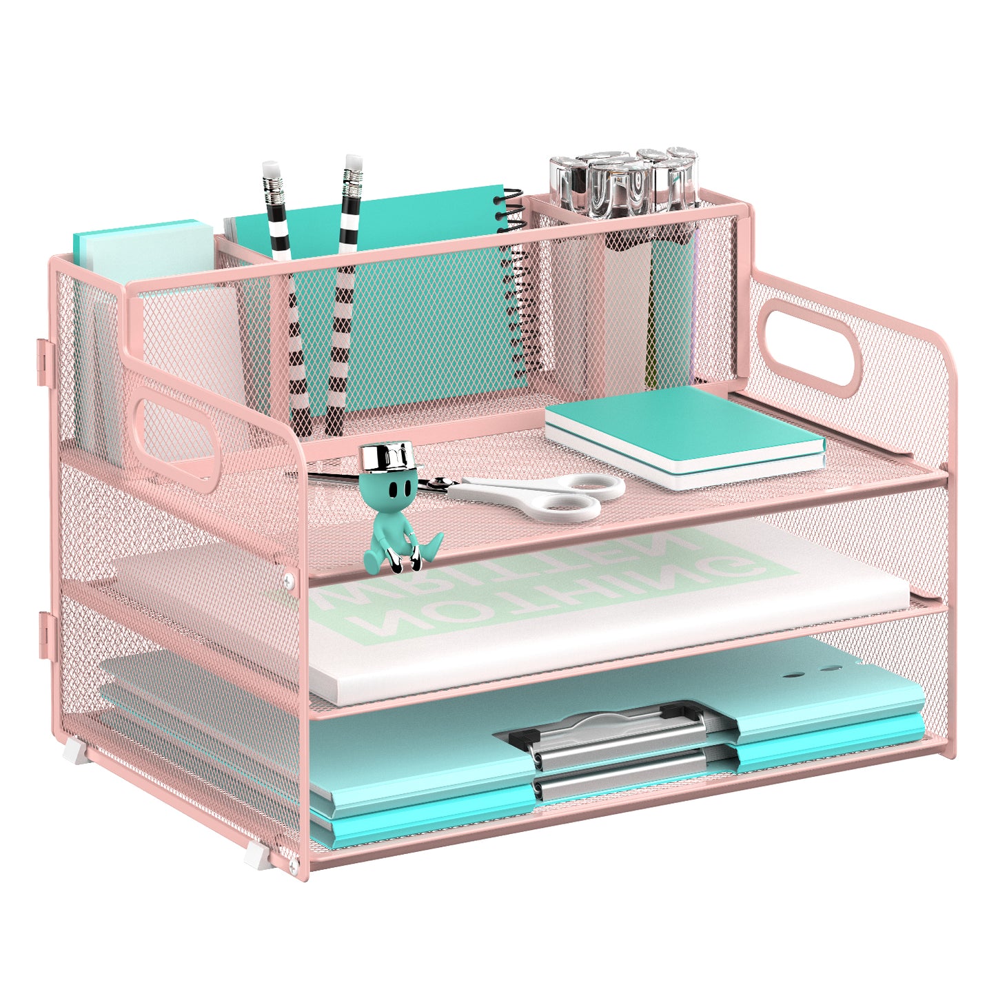 SUPEASY 3 Tier Desk Organizer with Handle & 3 Pen Holders, Mesh Paper/File Organizer for Desk, Paper Letter Tray Organizer for Office Supplies