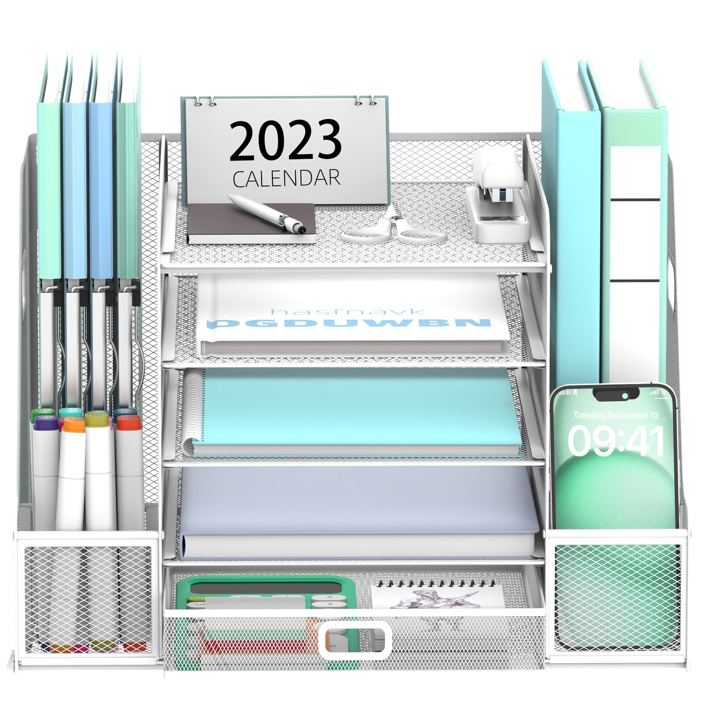 5-Tier Desk Organiser with File Holder, Mesh Paper Letter Tray Organiser with Magazine Holder, Desk Tidy Organiser and Storage with Drawer for Office Supplies Home or School