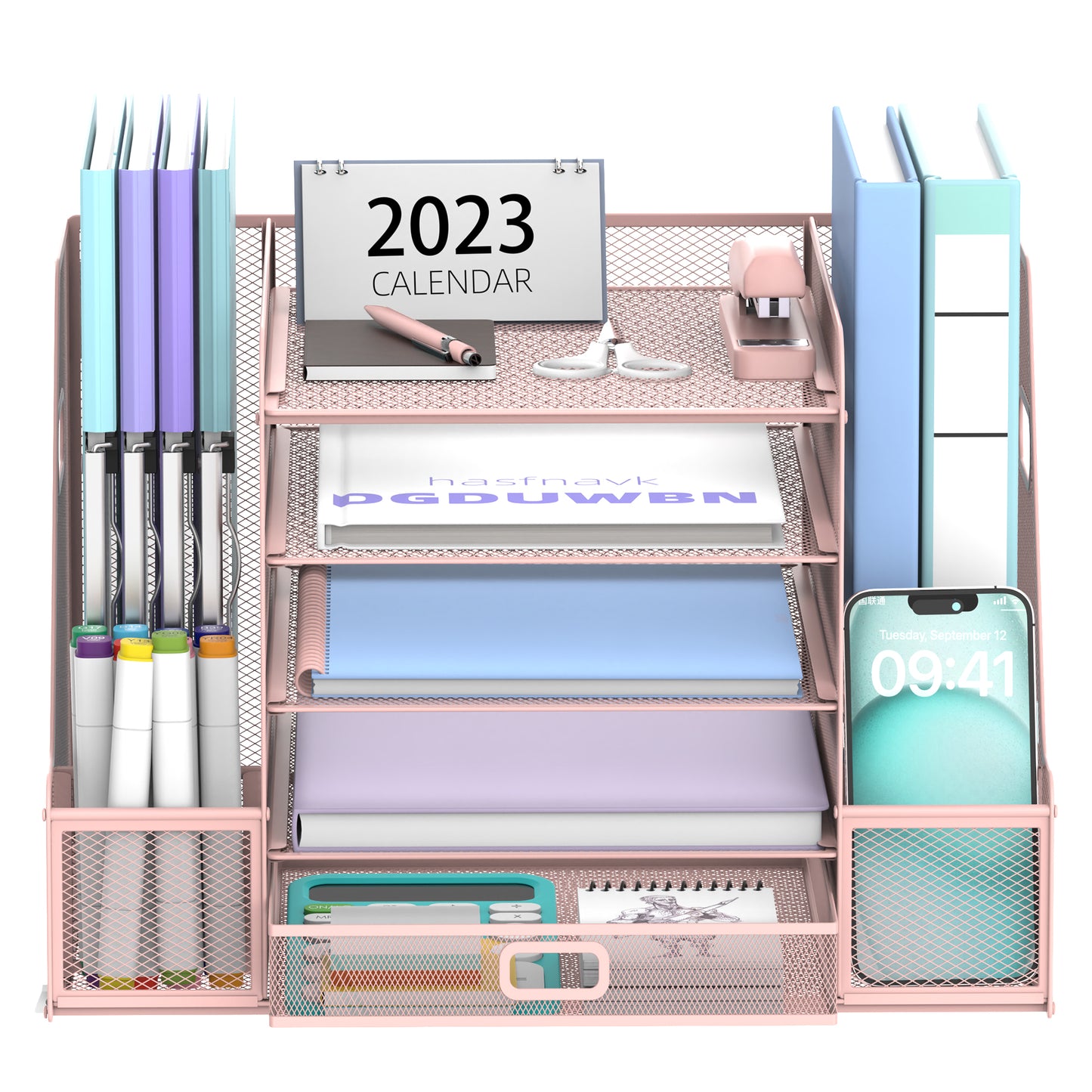 5-Tier Desk Organiser with File Holder, Mesh Paper Letter Tray Organiser with Magazine Holder, Desk Tidy Organiser and Storage with Drawer for Office Supplies Home or School