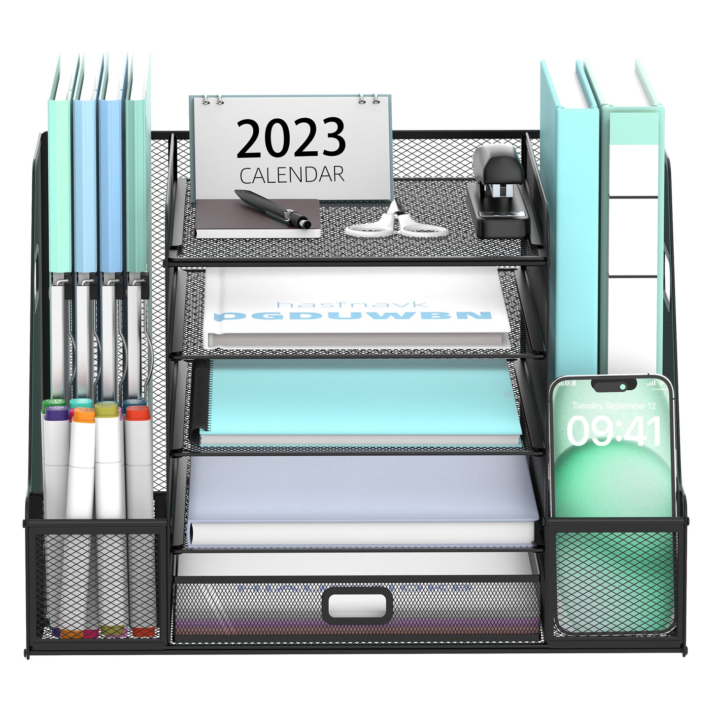 5-Tier Desk Organiser with File Holder, Mesh Paper Letter Tray Organiser with Magazine Holder, Desk Tidy Organiser and Storage with Drawer for Office Supplies Home or School