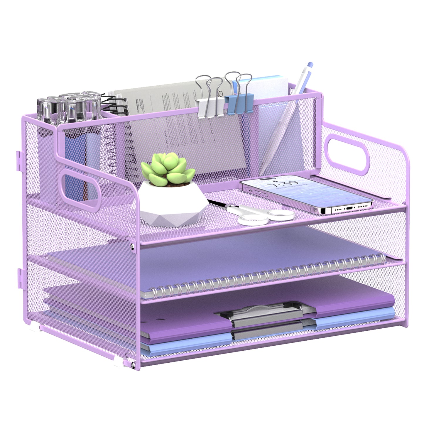 SUPEASY 3 Tier Desk Organizer with Handle & 3 Pen Holders, Mesh Paper/File Organizer for Desk, Paper Letter Tray Organizer for Office Supplies