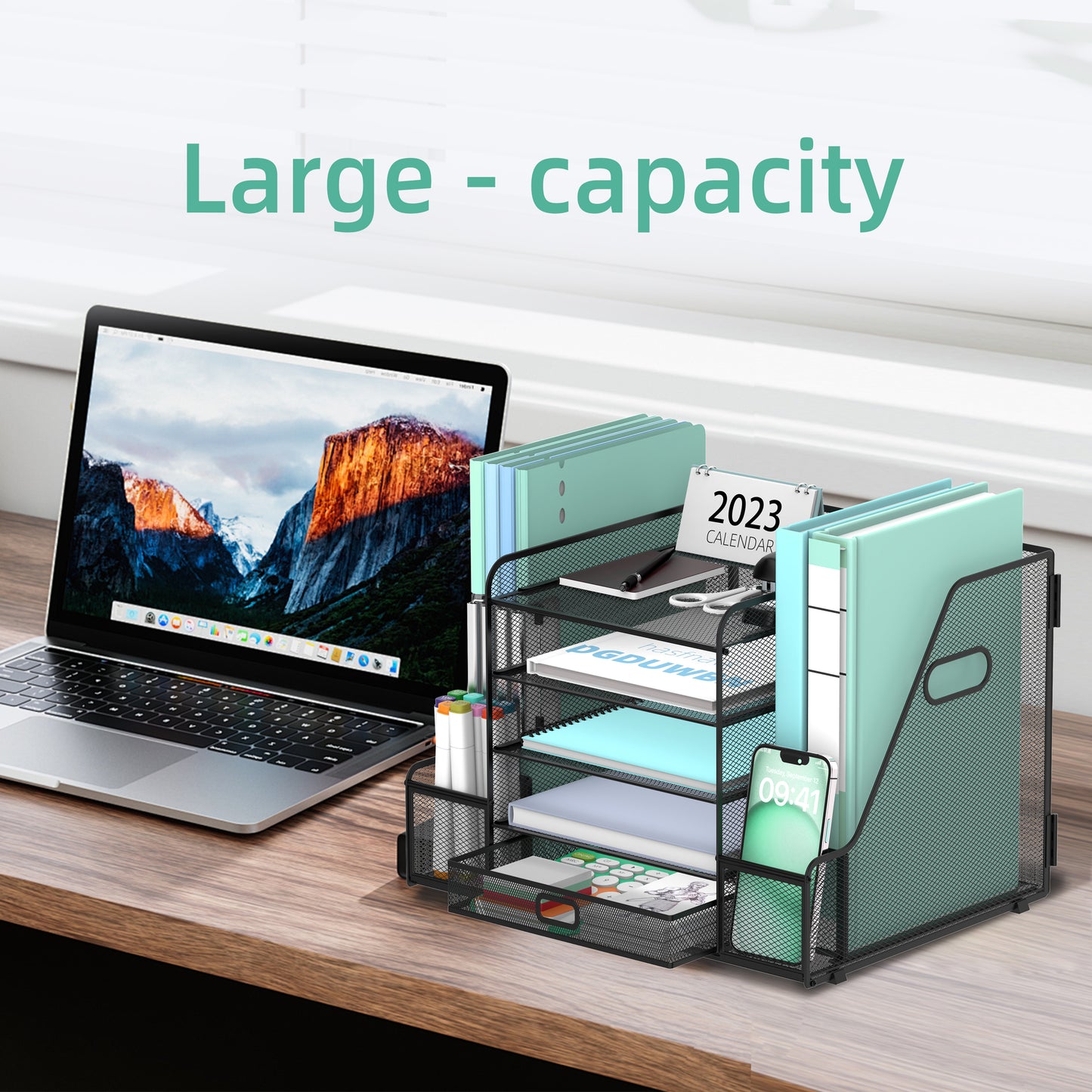 5-Tier Desk Organiser with File Holder, Mesh Paper Letter Tray Organiser with Magazine Holder, Desk Tidy Organiser and Storage with Drawer for Office Supplies Home or School