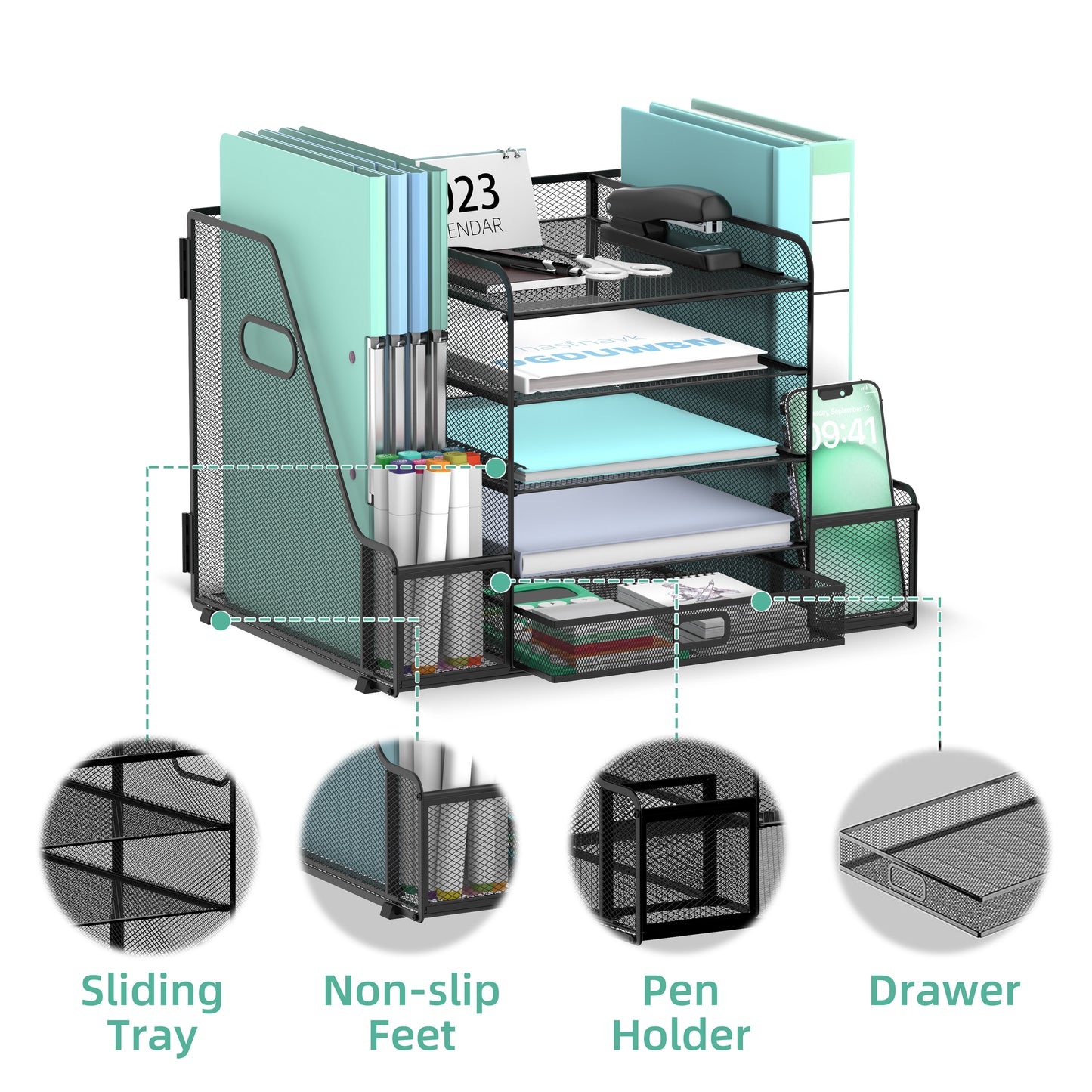 5-Tier Desk Organiser with File Holder, Mesh Paper Letter Tray Organiser with Magazine Holder, Desk Tidy Organiser and Storage with Drawer for Office Supplies Home or School