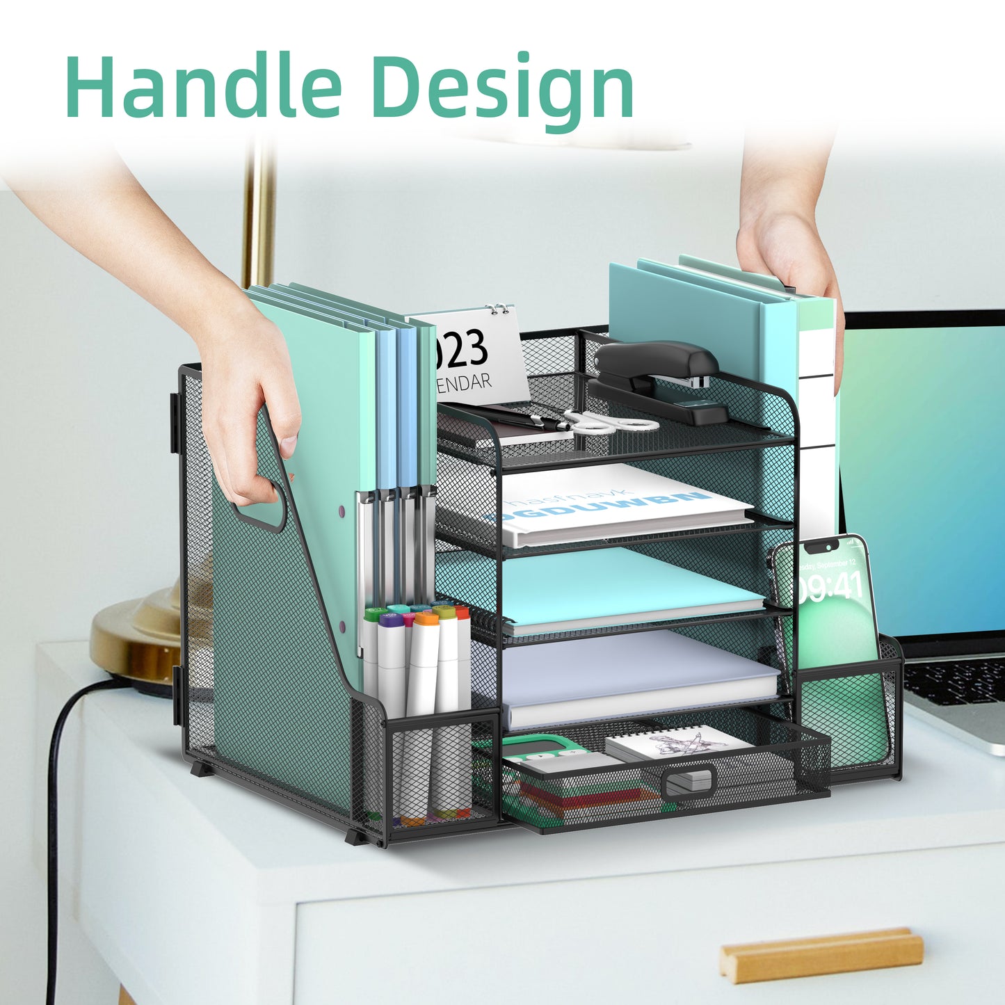 5-Tier Desk Organiser with File Holder, Mesh Paper Letter Tray Organiser with Magazine Holder, Desk Tidy Organiser and Storage with Drawer for Office Supplies Home or School