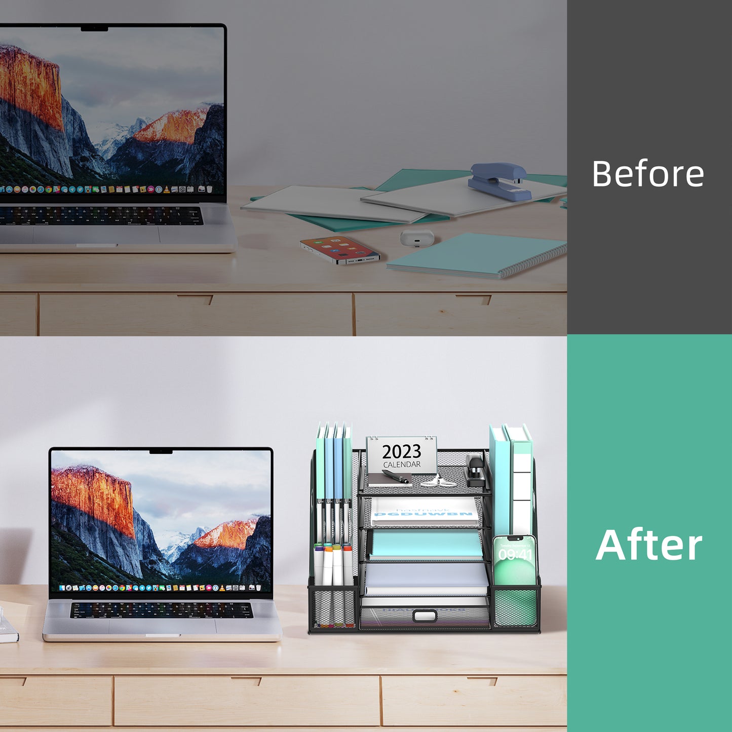 5-Tier Desk Organiser with File Holder, Mesh Paper Letter Tray Organiser with Magazine Holder, Desk Tidy Organiser and Storage with Drawer for Office Supplies Home or School