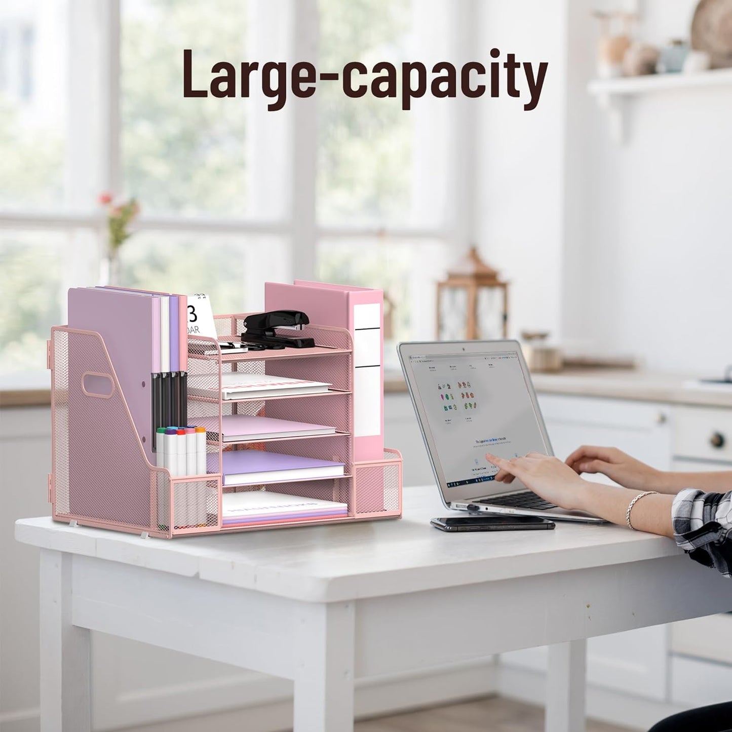 SUPEASY Mesh Desk Organizer with File Holder, 5-Tier Paper Letter Tray Organizer with Magazine Holder, Desktop Organizer and Storage for Office Supplies Home or School