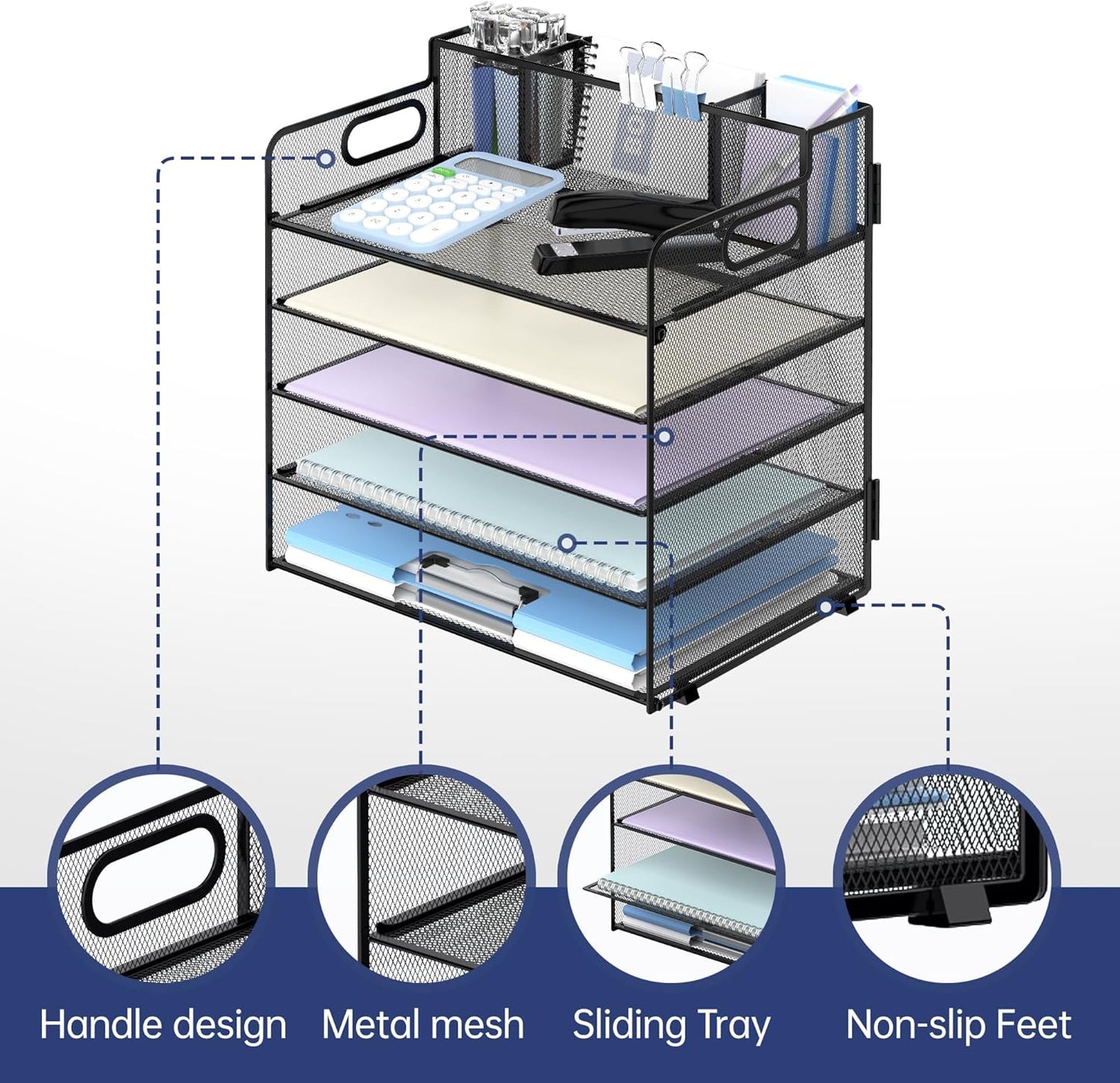 5 Tier Desk Organizer with Handle & 3 Pen Holders, Mesh Paper/File Organizer for Desk, Paper Letter Tray Organizer for Office Supplies