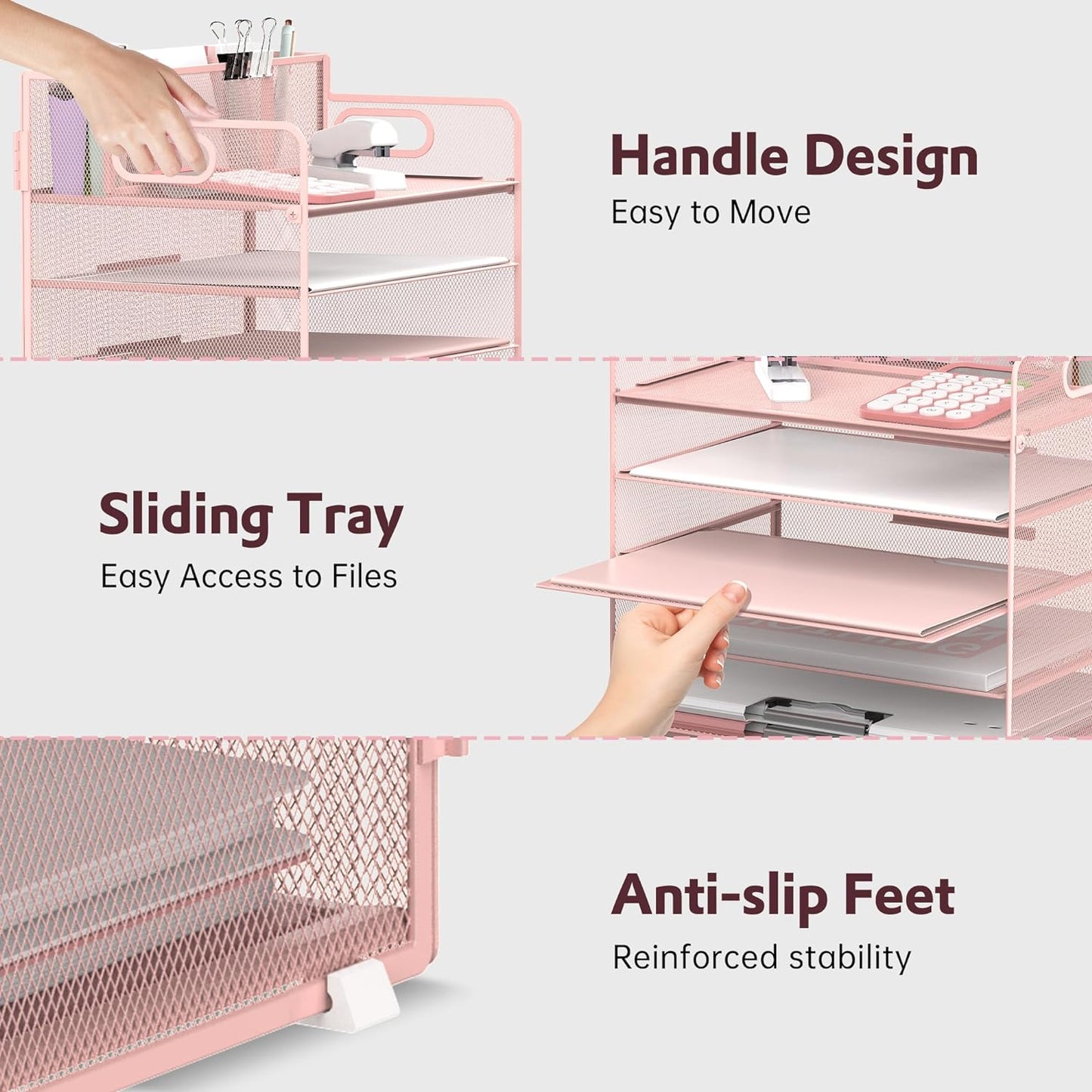 5 Tier Desk Organizer with Handle & 3 Pen Holders, Mesh Paper/File Organizer for Desk, Paper Letter Tray Organizer for Office Supplies