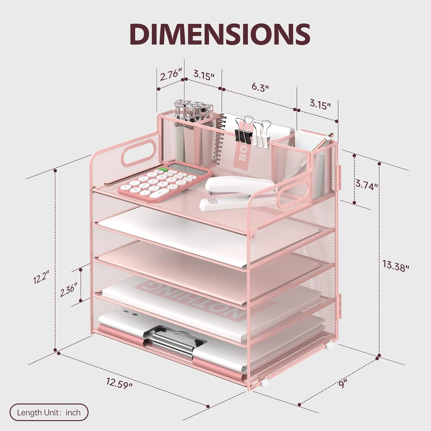 5 Tier Desk Organizer with Handle & 3 Pen Holders, Mesh Paper/File Organizer for Desk, Paper Letter Tray Organizer for Office Supplies