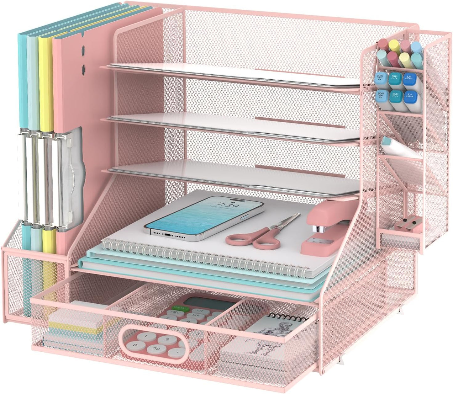 SUPEASY Desk Organizer with File Holder, 5-Tier Mesh Paper Letter Tray Organizer with Pen Holder and Drawer, Desktop Organizer and Storage with 3 Tilted File Sorter for Office Supplies