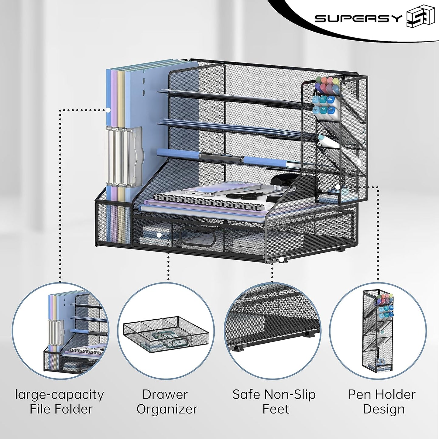 SUPEASY Desk Organizer with File Holder, 5-Tier Mesh Paper Letter Tray Organizer with Pen Holder and Drawer, Desktop Organizer and Storage with 3 Tilted File Sorter for Office Supplies