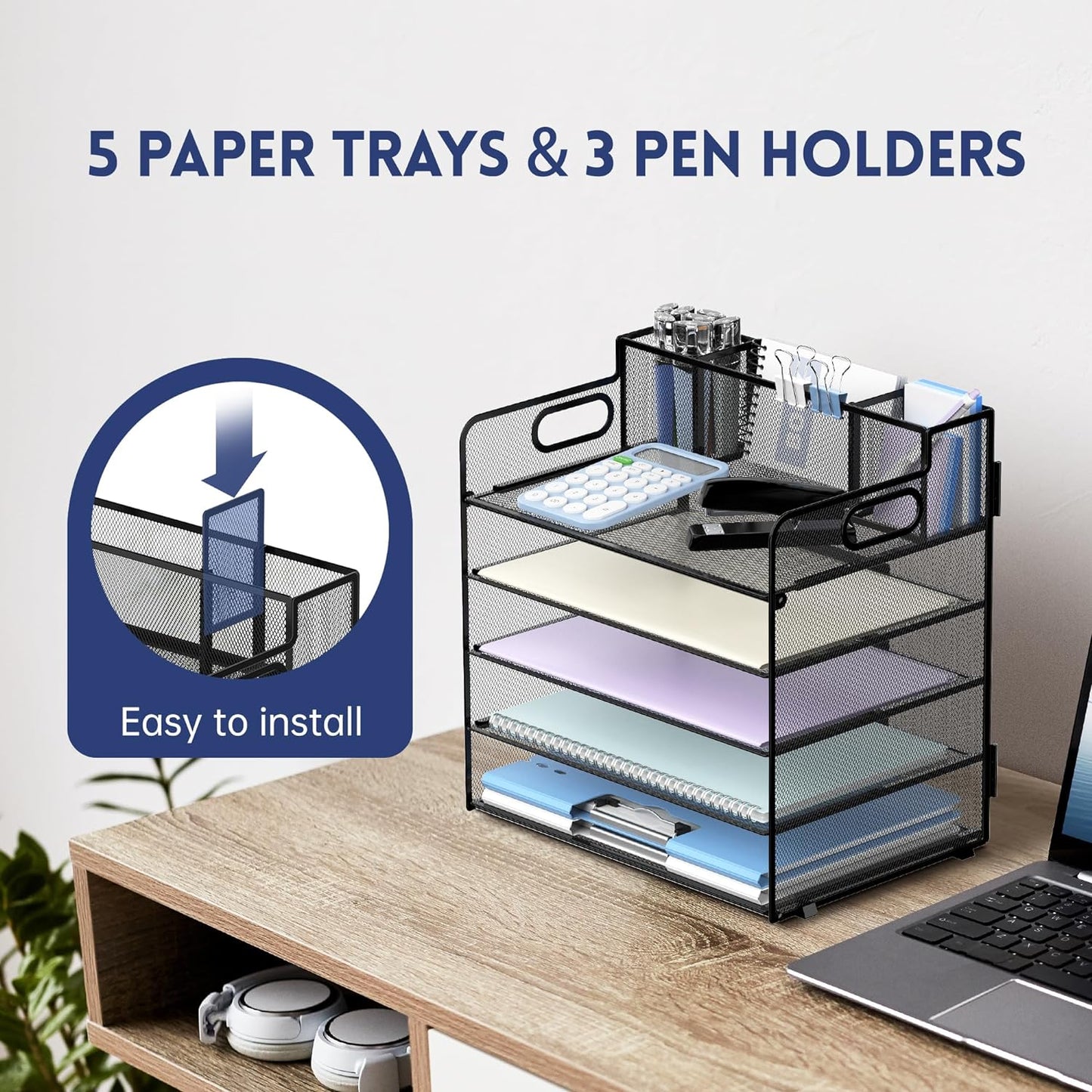 5 Tier Desk Organizer with Handle & 3 Pen Holders, Mesh Paper/File Organizer for Desk, Paper Letter Tray Organizer for Office Supplies