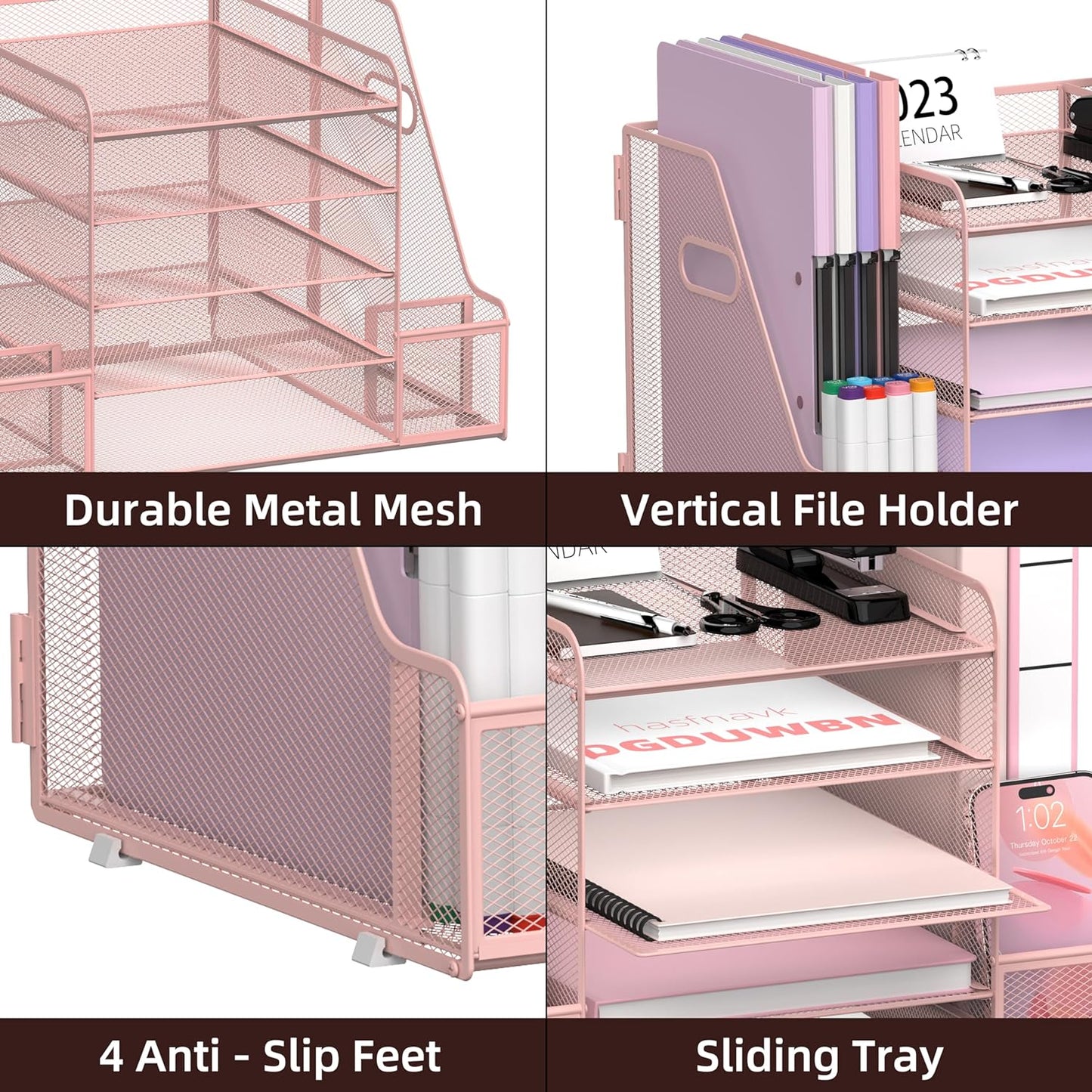 SUPEASY Mesh Desk Organizer with File Holder, 5-Tier Paper Letter Tray Organizer with Magazine Holder, Desktop Organizer and Storage for Office Supplies Home or School