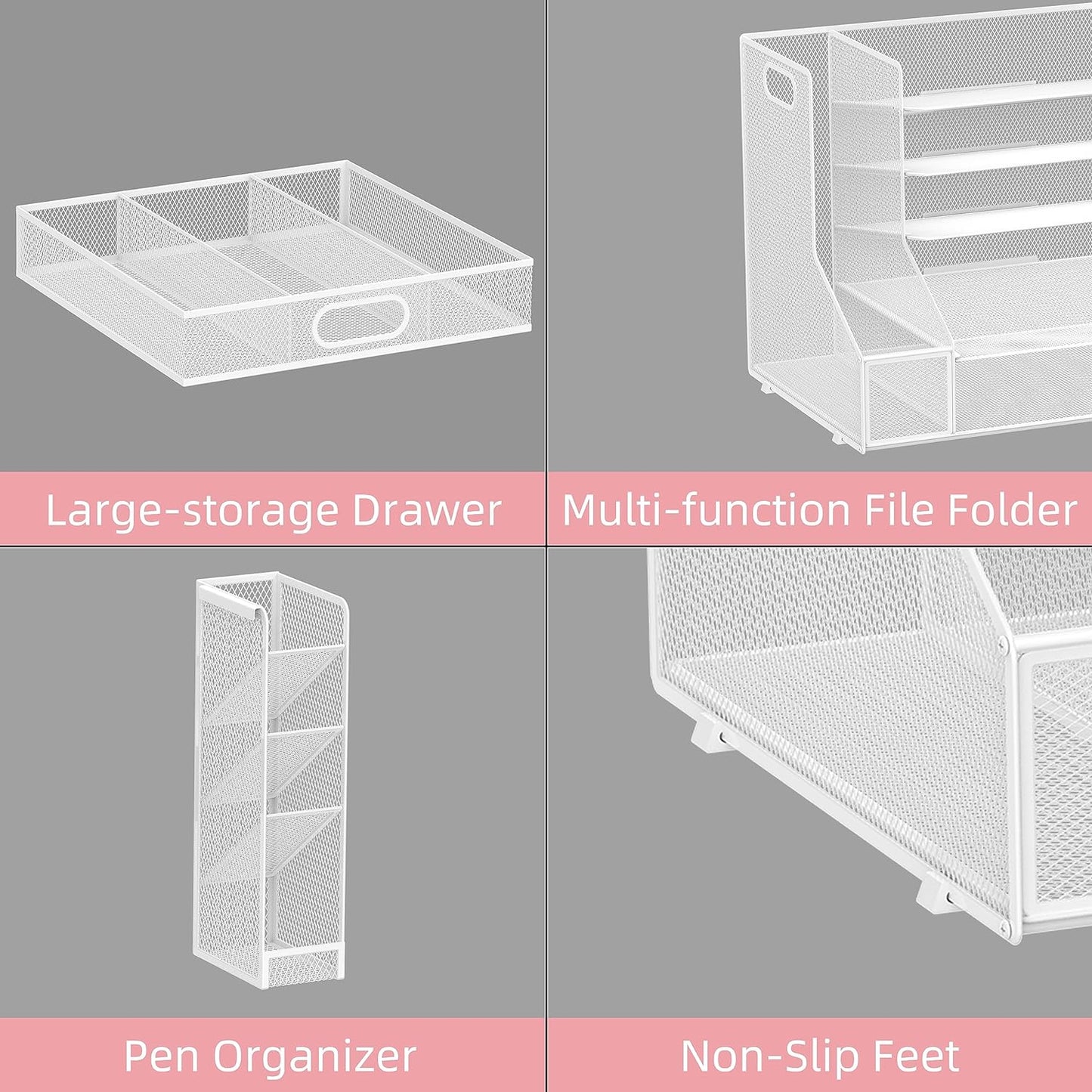 SUPEASY Desk Organizer with File Holder, 5-Tier Mesh Paper Letter Tray Organizer with Pen Holder and Drawer, Desktop Organizer and Storage with 3 Tilted File Sorter for Office Supplies