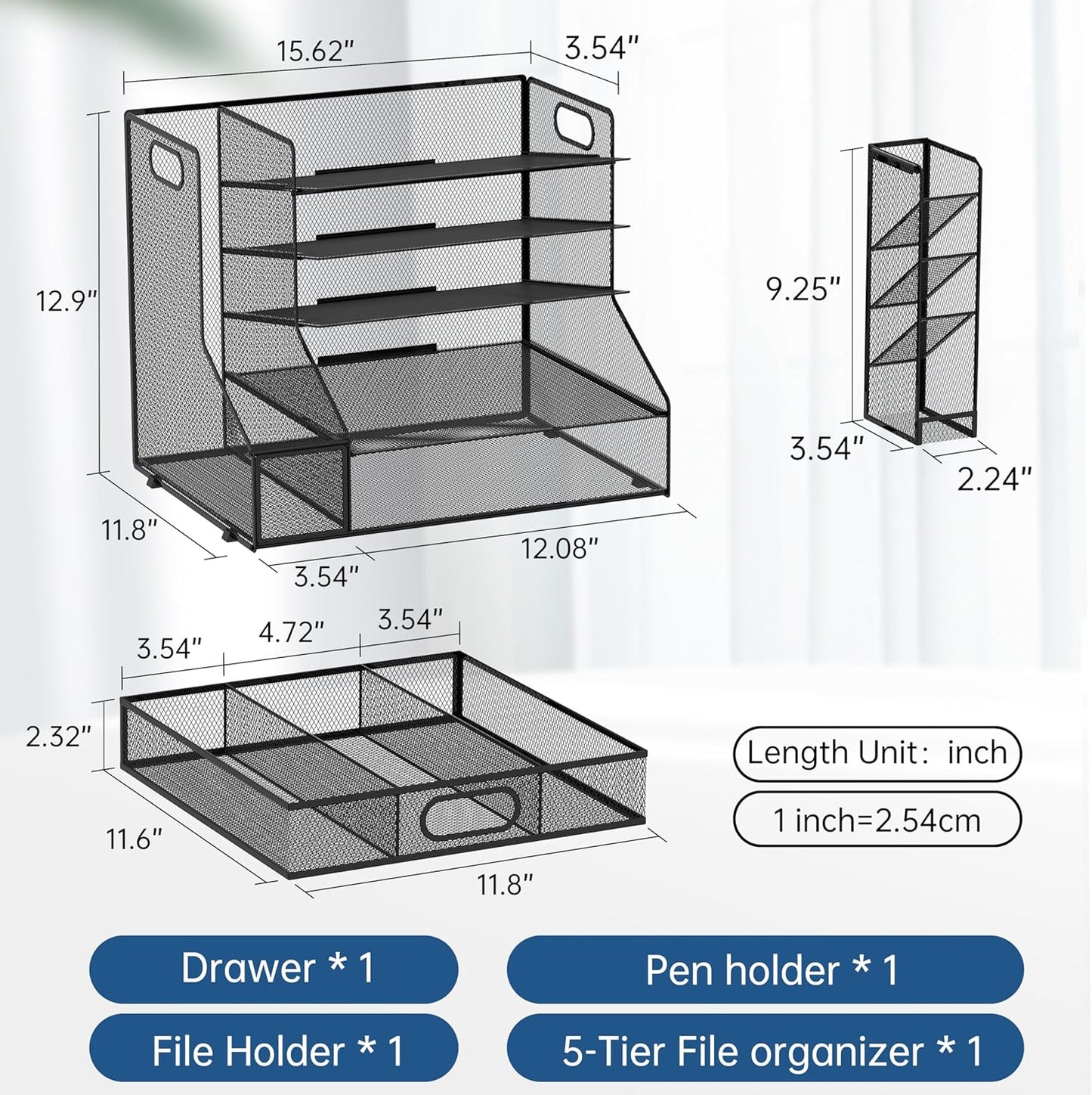 SUPEASY Desk Organizer with File Holder, 5-Tier Mesh Paper Letter Tray Organizer with Pen Holder and Drawer, Desktop Organizer and Storage with 3 Tilted File Sorter for Office Supplies