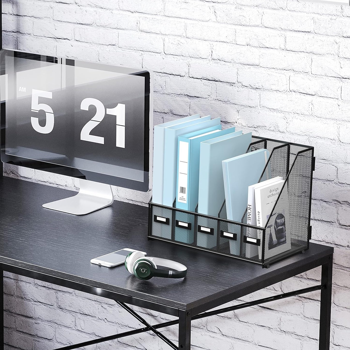 Desk Organizers Metal Desk Magazine File Holder with 5 Vertical Compartments Rack File Organizer for Office Desktop, Home Workspace