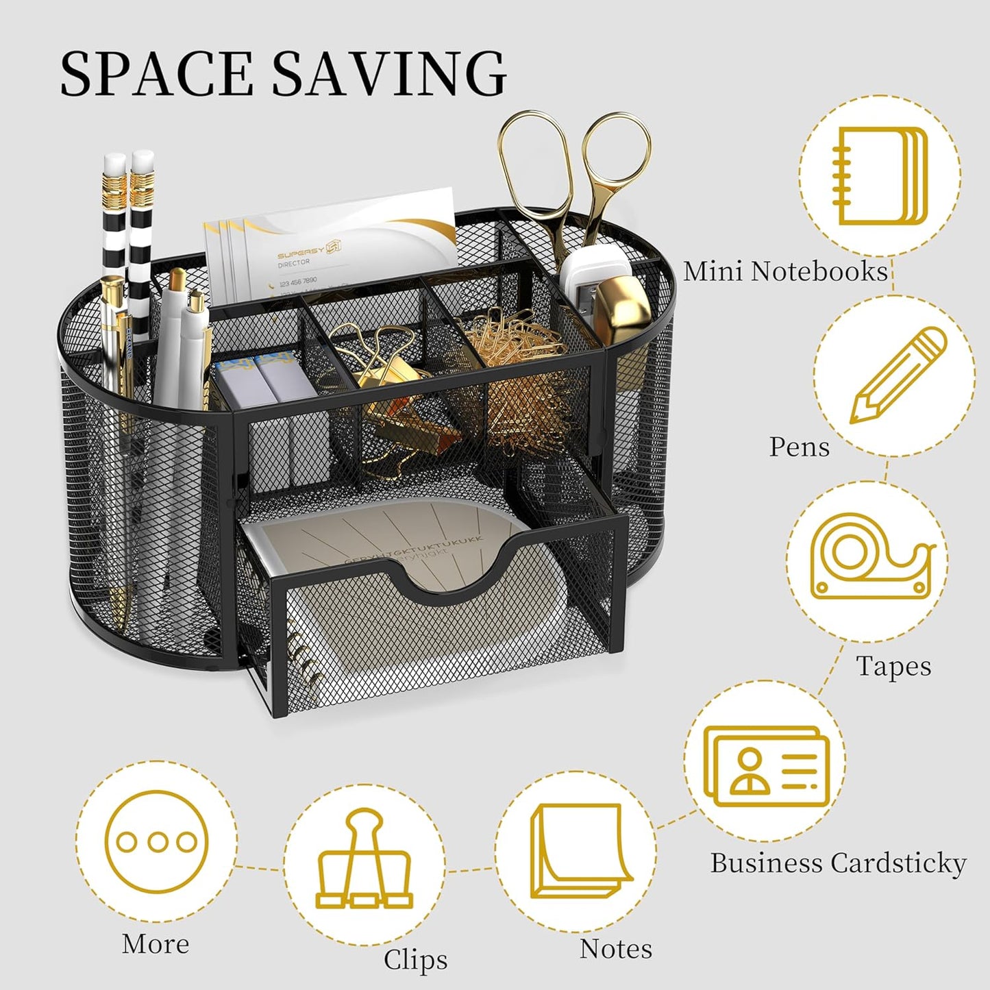 Small Metal Desk Organizer with Drawers, Desk Accessories & Workspace Organizers, Stationary Organizer with 9 Compartments for office essentials, 8.6 x 4.3 x 4.1 Inch