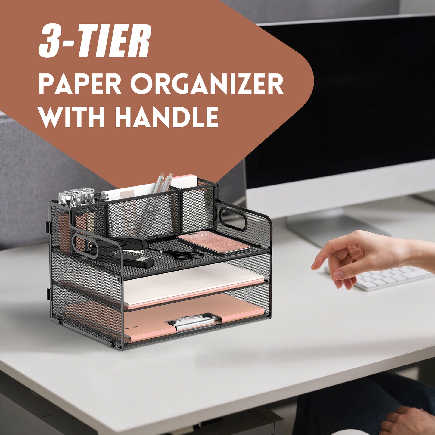 SUPEASY 3 Tier Desk Organizer with Handle & 3 Pen Holders, Mesh Paper/File Organizer for Desk, Paper Letter Tray Organizer for Office Supplies