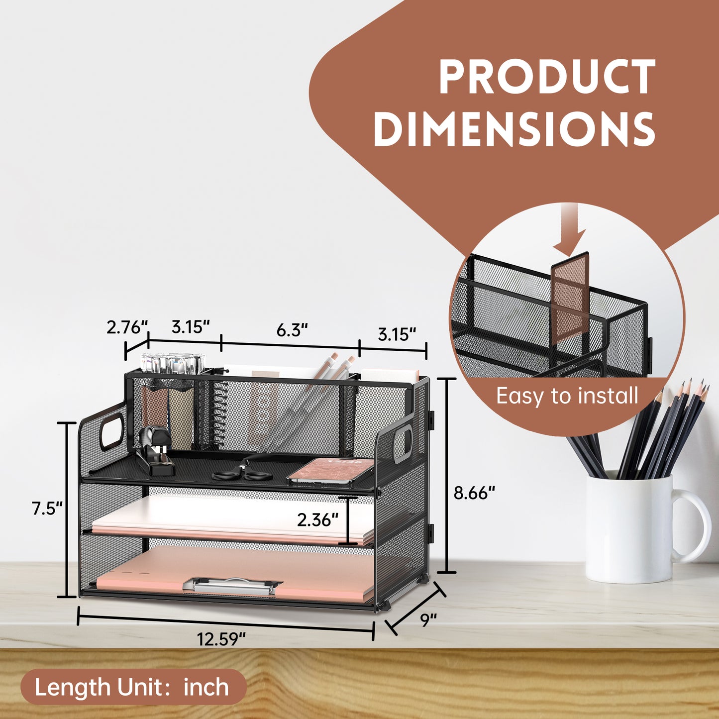 SUPEASY 3 Tier Desk Organizer with Handle & 3 Pen Holders, Mesh Paper/File Organizer for Desk, Paper Letter Tray Organizer for Office Supplies