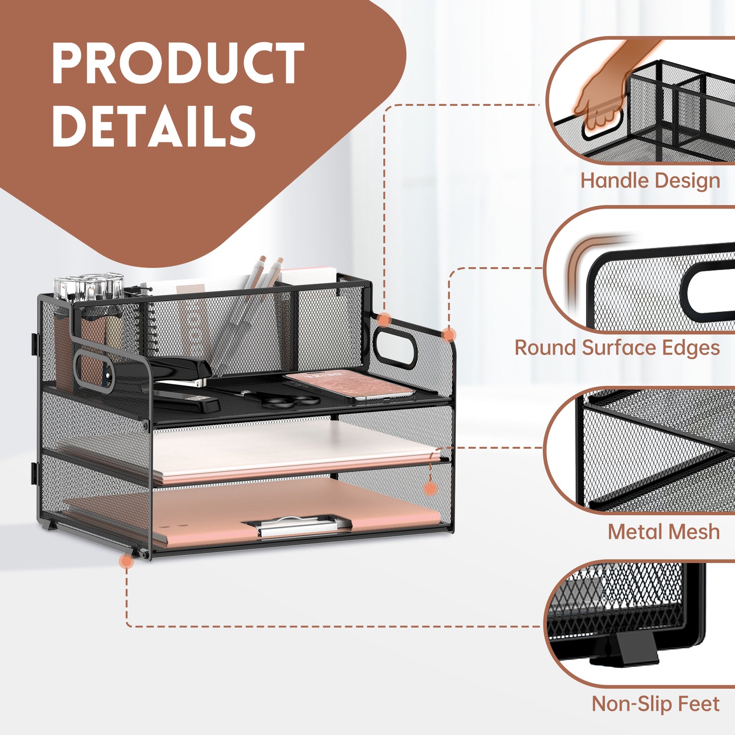 SUPEASY 3 Tier Desk Organizer with Handle & 3 Pen Holders, Mesh Paper/File Organizer for Desk, Paper Letter Tray Organizer for Office Supplies