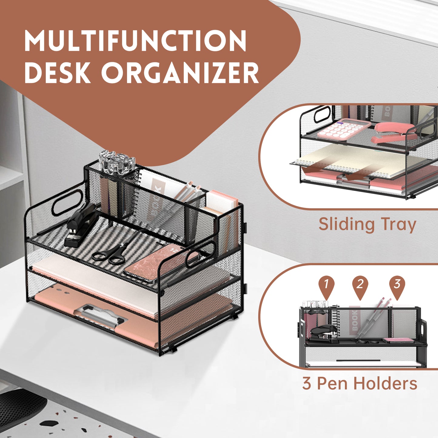 SUPEASY 3 Tier Desk Organizer with Handle & 3 Pen Holders, Mesh Paper/File Organizer for Desk, Paper Letter Tray Organizer for Office Supplies