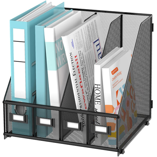 SUPEASY Magazine File Holder, Binder Holder Metal Desk Organizer with 4 Rack Compartments, File Organizer for Office Home School