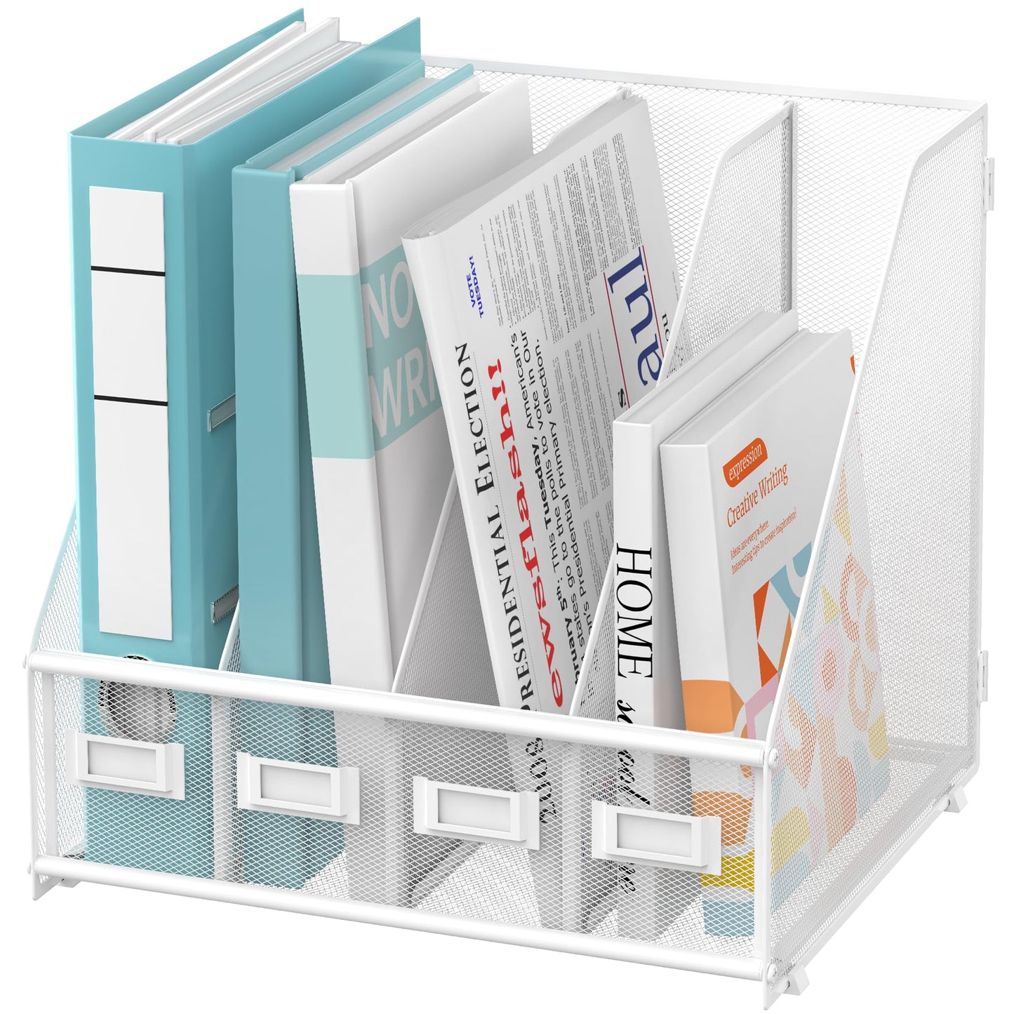 SUPEASY Magazine File Holder, Binder Holder Metal Desk Organizer with 4 Rack Compartments, File Organizer for Office Home School