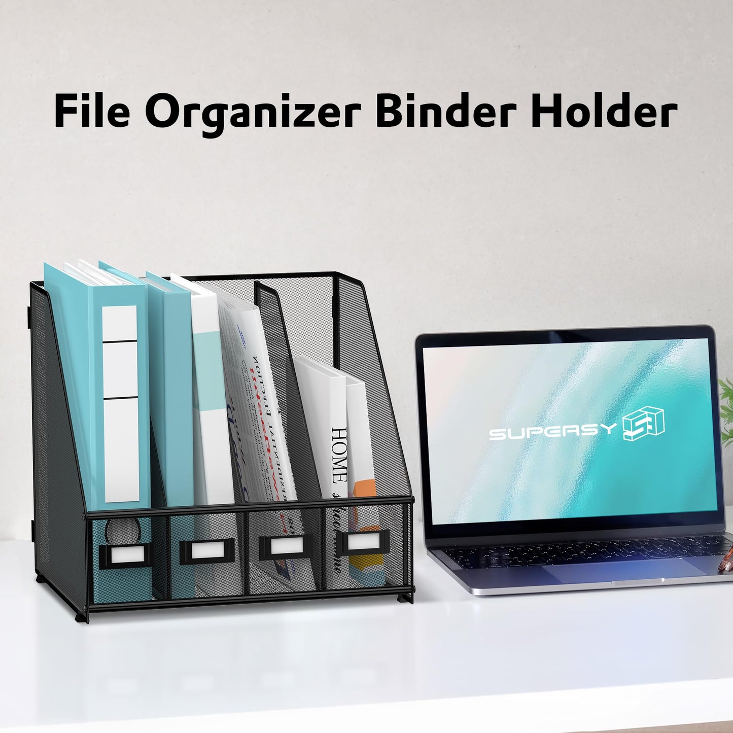 SUPEASY Magazine File Holder, Binder Holder Metal Desk Organizer with 4 Rack Compartments, File Organizer for Office Home School