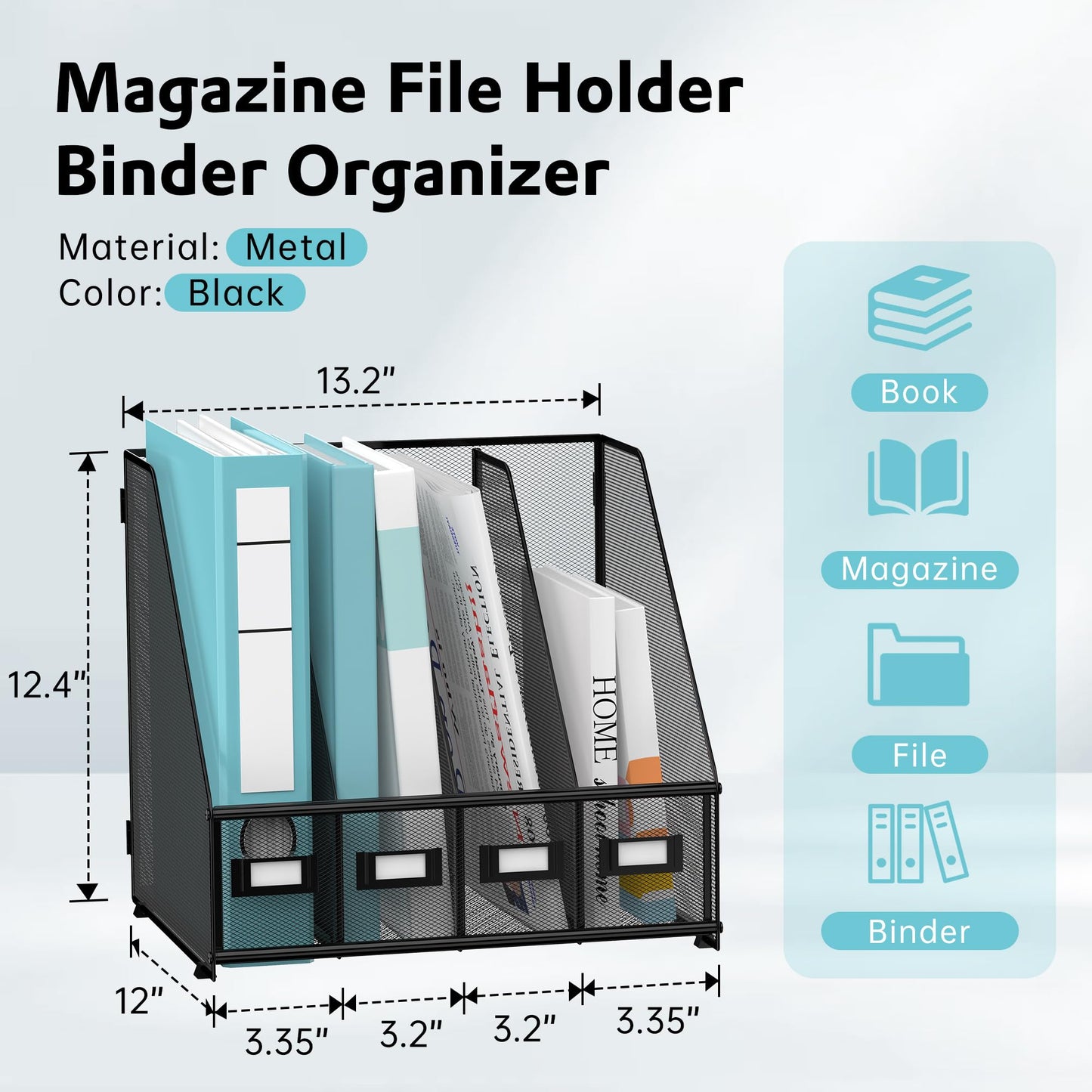 SUPEASY Magazine File Holder, Binder Holder Metal Desk Organizer with 4 Rack Compartments, File Organizer for Office Home School