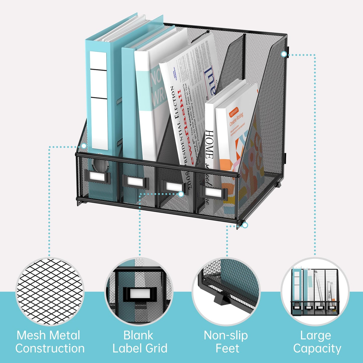 SUPEASY Magazine File Holder, Binder Holder Metal Desk Organizer with 4 Rack Compartments, File Organizer for Office Home School
