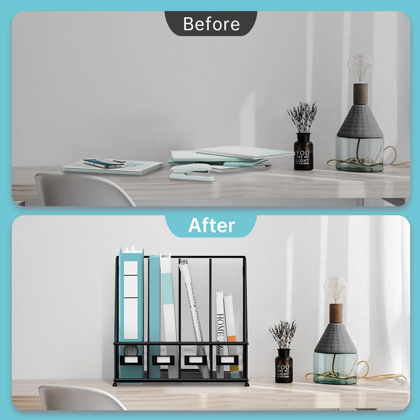 SUPEASY Magazine File Holder, Binder Holder Metal Desk Organizer with 4 Rack Compartments, File Organizer for Office Home School