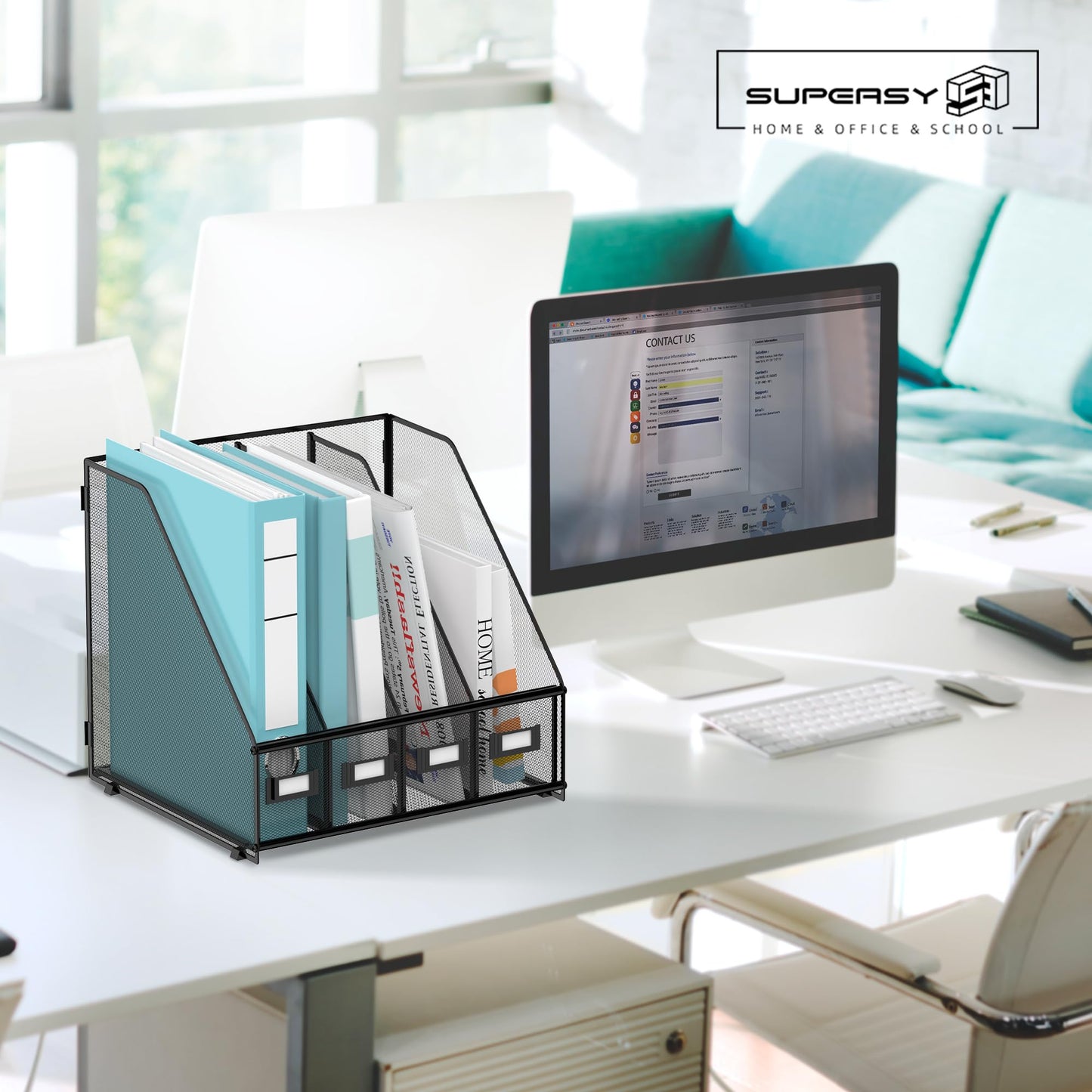 SUPEASY Magazine File Holder, Binder Holder Metal Desk Organizer with 4 Rack Compartments, File Organizer for Office Home School